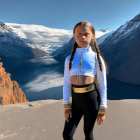 Woman in White Top and Black Leggings on Mountain with Lake and Snow-Capped Peaks