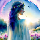 Illustration of woman with floral crown in colorful hair under glowing light in flower field