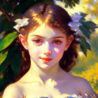 Young girl with flowers in hair in golden sunlight among foliage