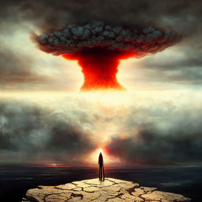 Solitary figure on cracked earth gazes at massive mushroom cloud