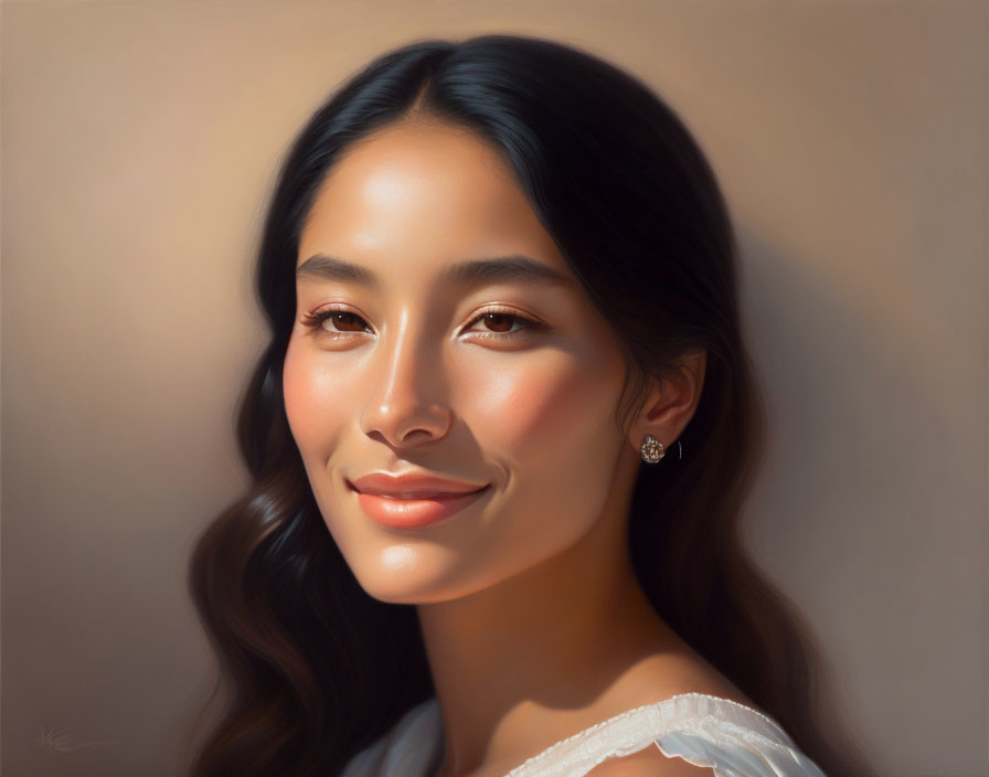 Smiling woman portrait with long hair and earring in warm lighting