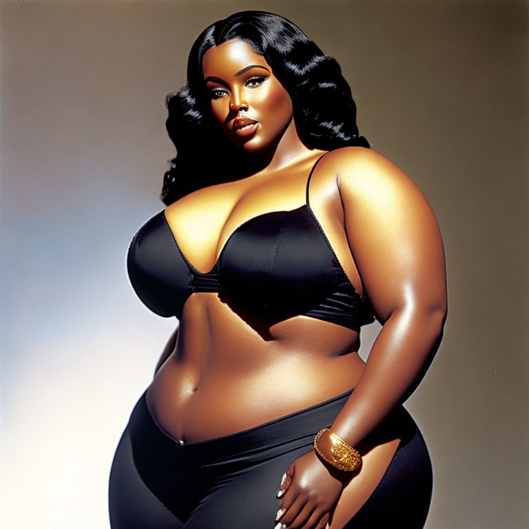 Plus-Size Model in Black Swimwear with Wavy Hair and Gold Accessories