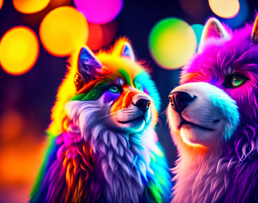 Colorful Illuminated Dogs on Bokeh Background