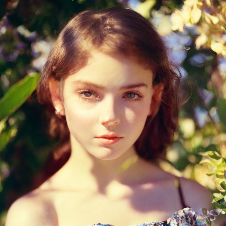 Young woman with hazel eyes and wavy hair in sunlit blooms portrait.