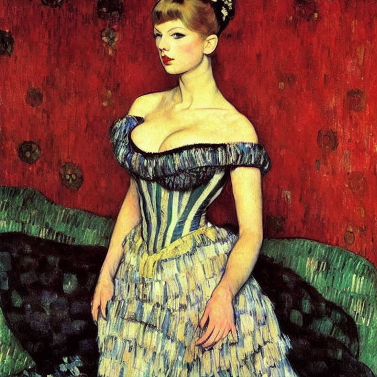 Portrait of woman in off-the-shoulder dress on red background