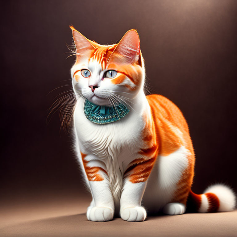 Orange and White Striped Cat with Blue Eyes and Teal Collar on Brown Background