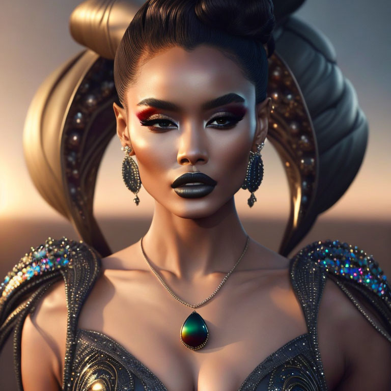 Woman with Striking Makeup and Ornate Metallic Earrings