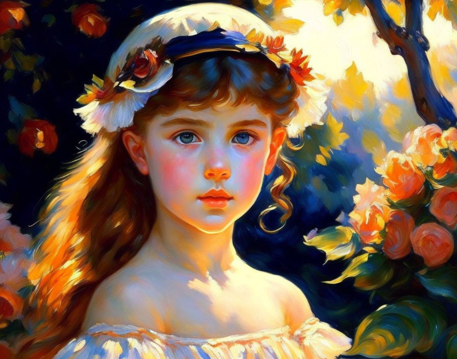 Portrait of a young girl with flower wreath, blue eyes, loose curls, colorful floral backdrop