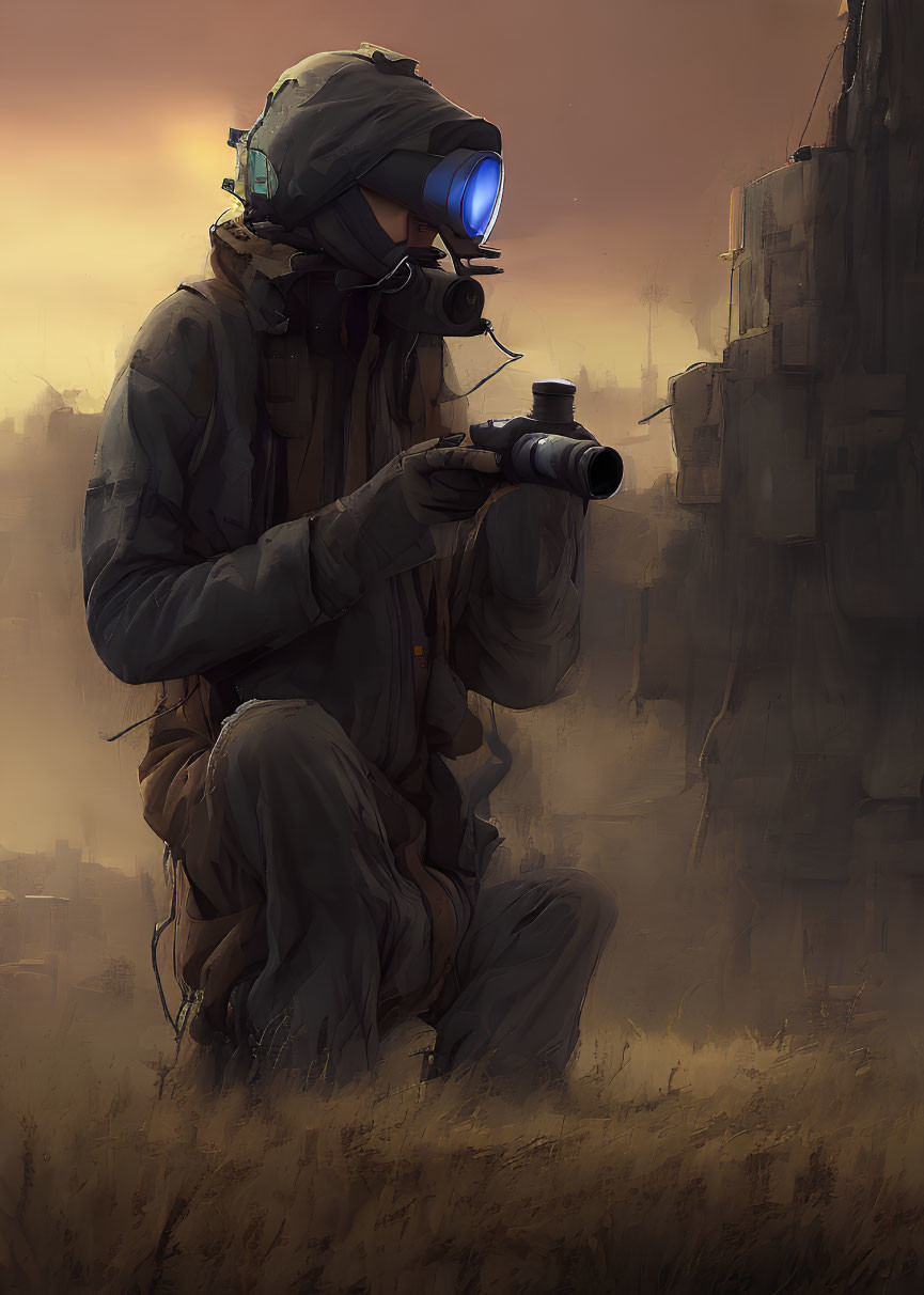 Figure in Gas Mask and Hood with Binoculars in Dystopian Setting at Dusk