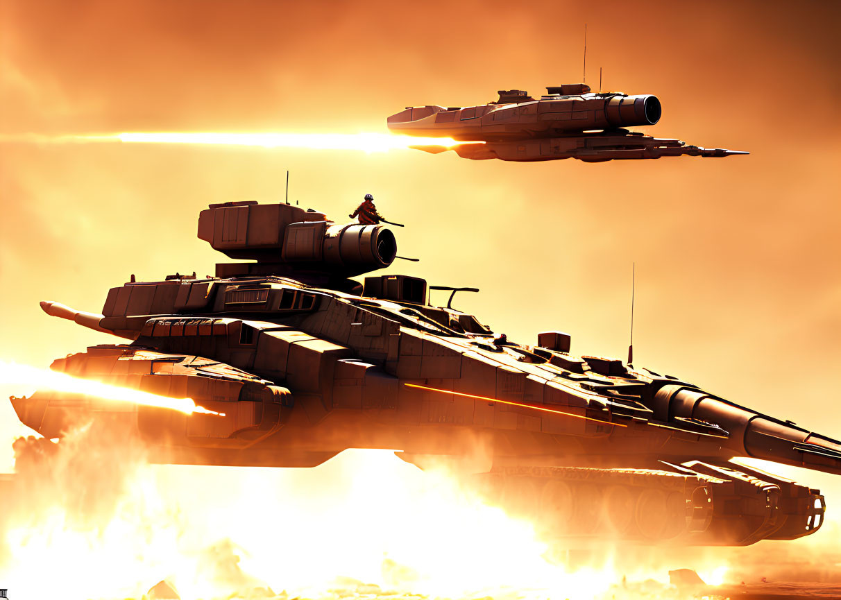 Futuristic battle scene with tanks, person, explosions, and warship in orange sky