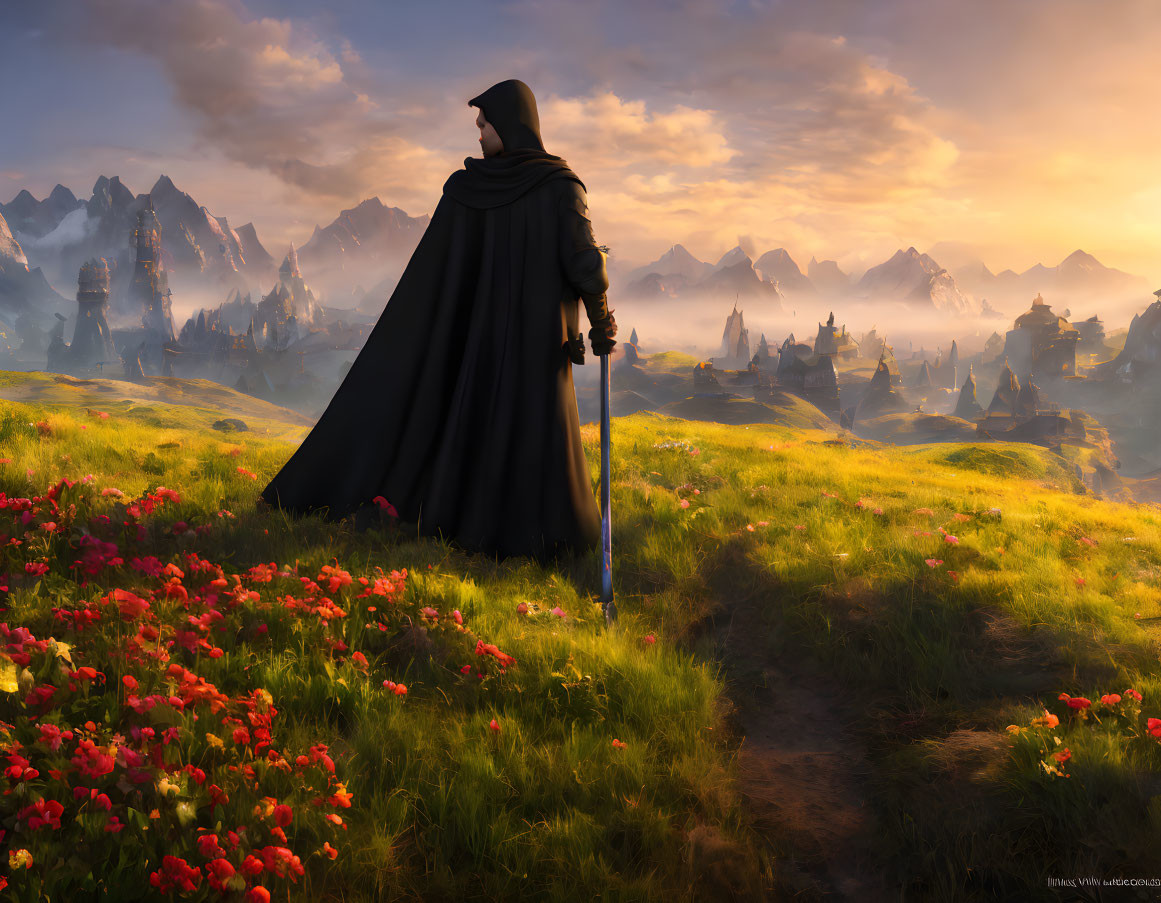 Cloaked figure in lush field with red flowers and distant mountains at sunrise or sunset