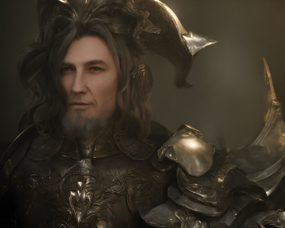 Long-haired man in ornate armor gazes pensively against dark backdrop