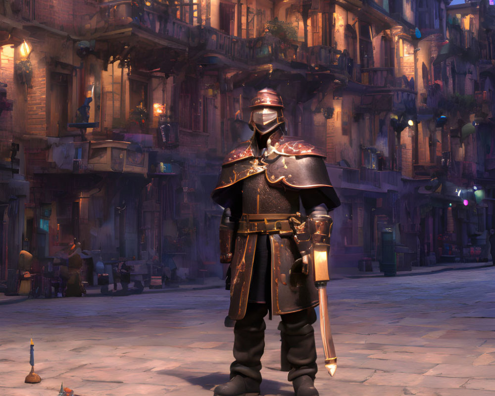 Knight in black armor with small robot in medieval fantasy street