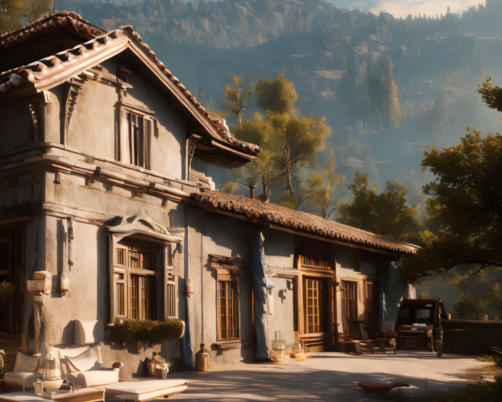 Stone villa with terra cotta roof in golden sunlight amidst lush greenery.