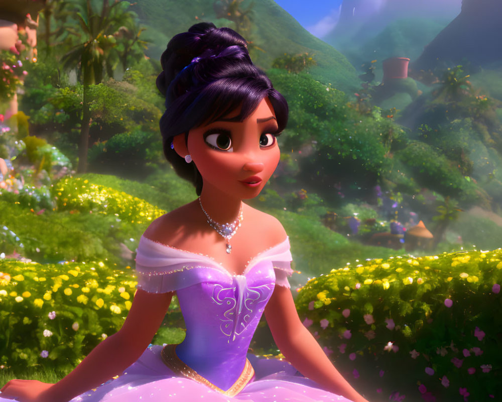 Animated Princess in Purple Dress and Updo Hairstyle in Sunlit Garden