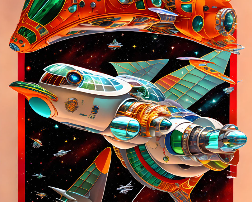 Retro-futuristic spaceships in orange and green in star-filled space