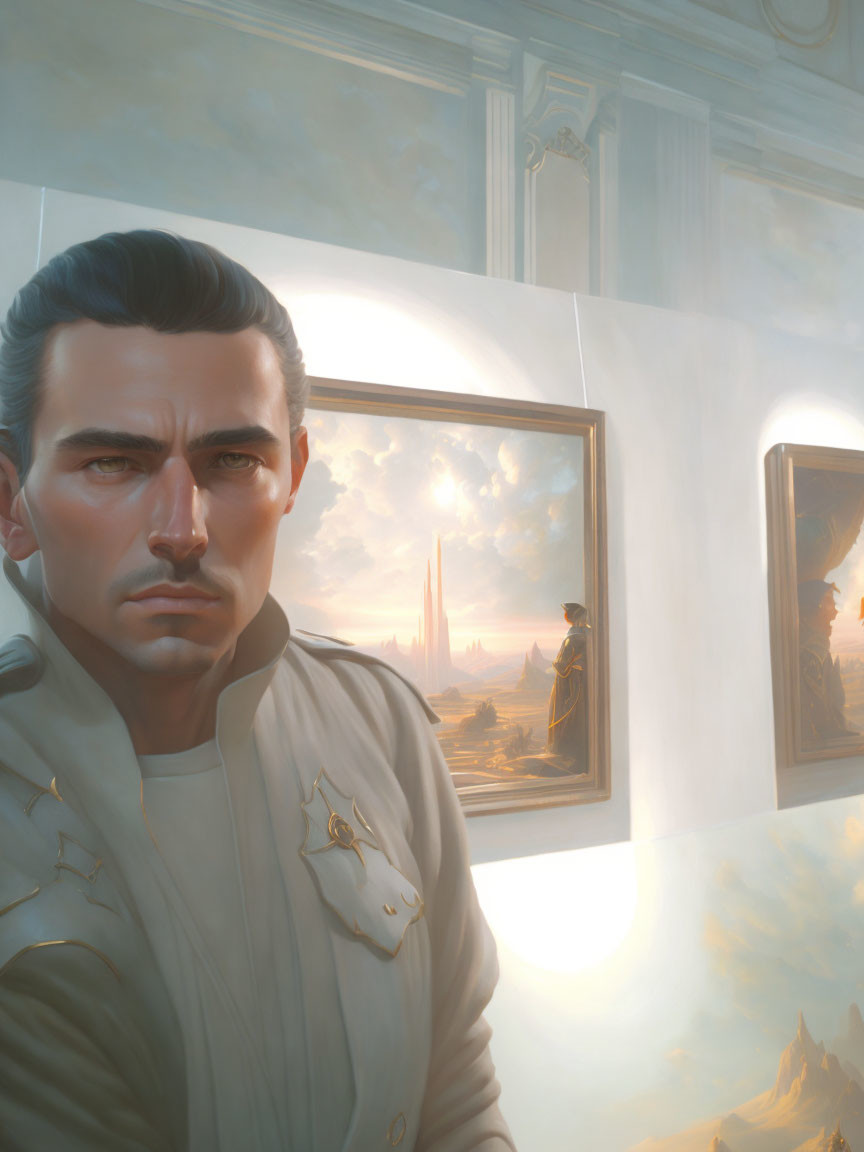Portrait of stern man in white military uniform with futuristic insignia, alongside sci-fi landscape.