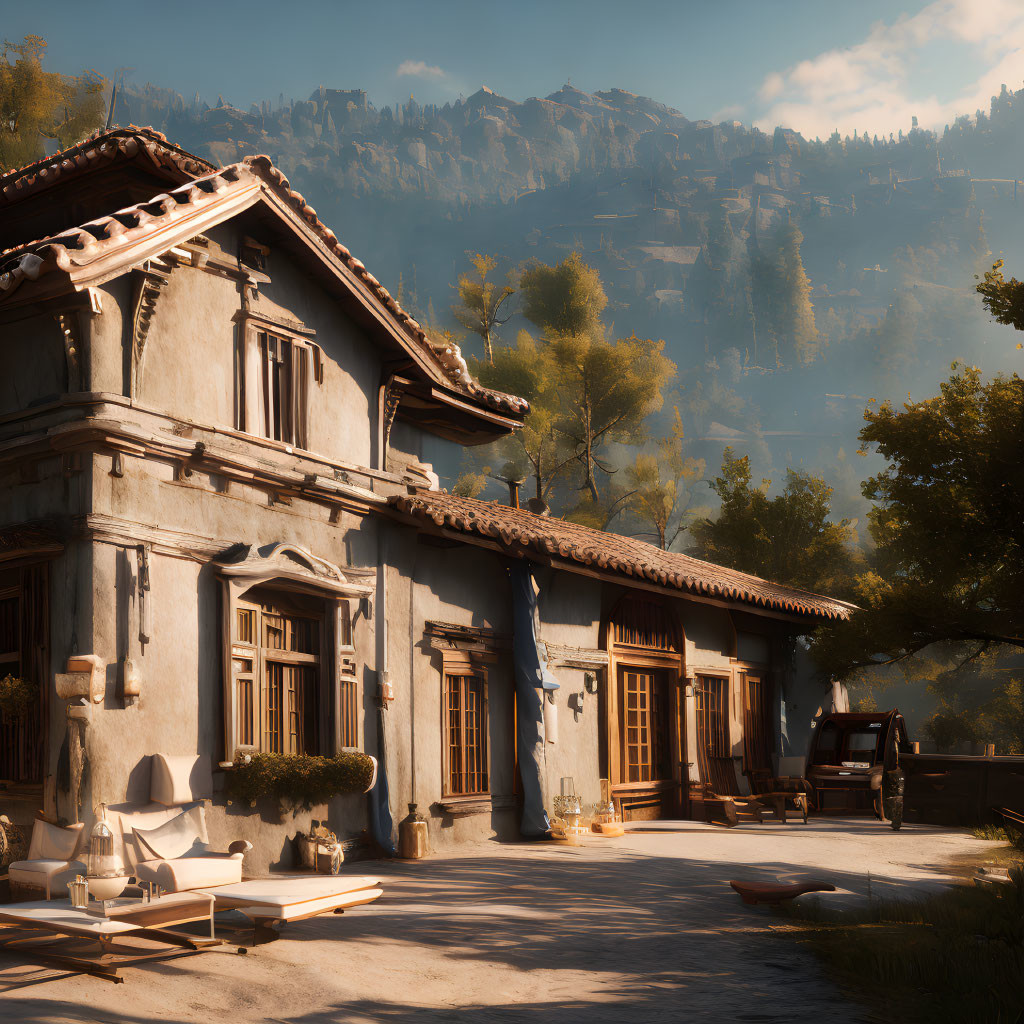 Stone villa with terra cotta roof in golden sunlight amidst lush greenery.