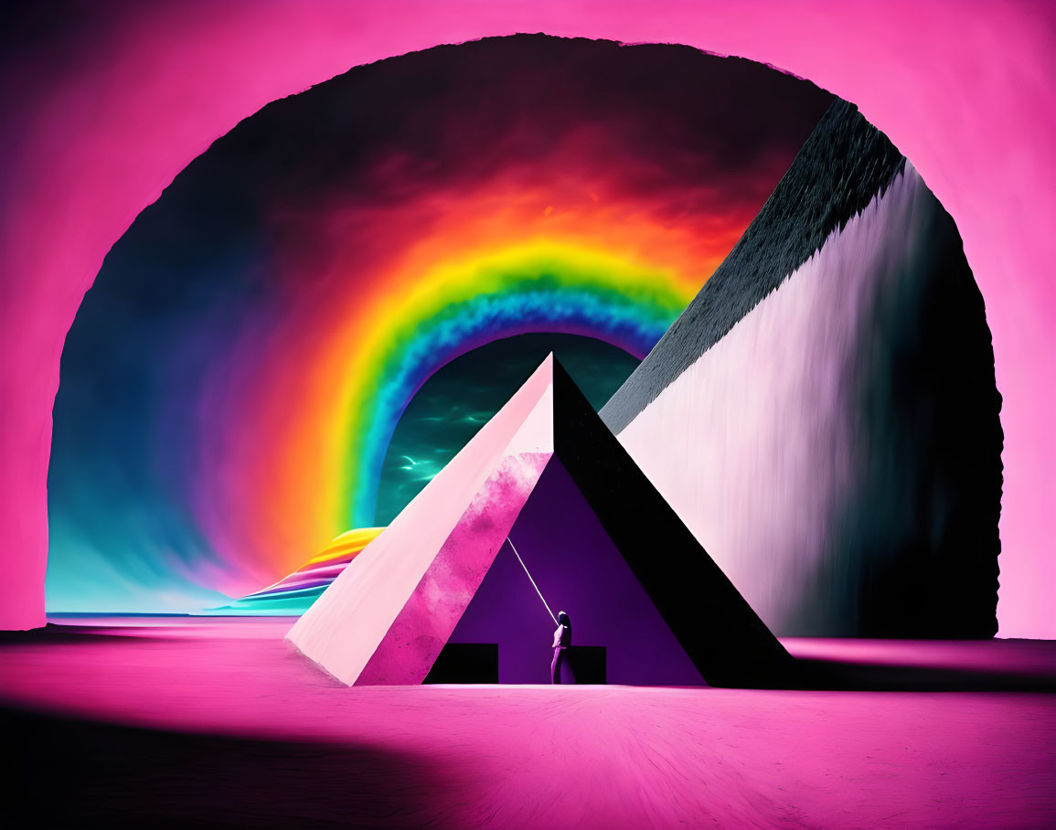 Surreal landscape with person, pyramids, rainbow in pink and purple hues