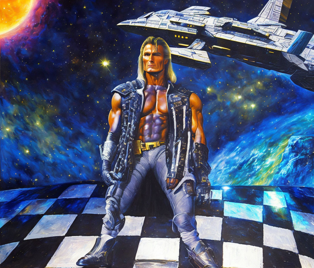 Muscular blonde man in futuristic armor on checkerboard floor with spaceship and cosmic background