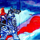 Futuristic Knight on Metallic Horse in Cosmic Scene