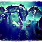 Surreal Landscape with Icebergs and Vibrant Auroras