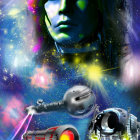 Cosmic Landscape with Futuristic Woman and Spacecraft