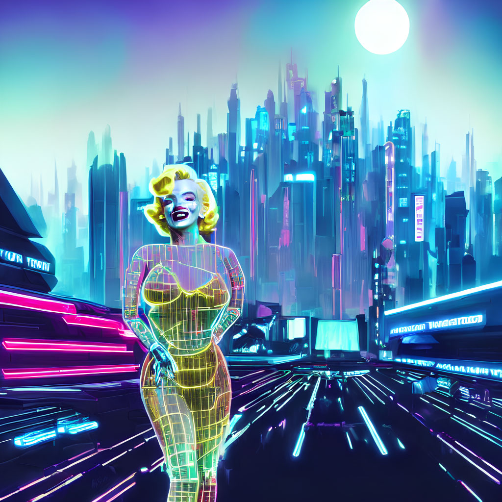 Futuristic cyberpunk cityscape with neon hologram and moonlit streets