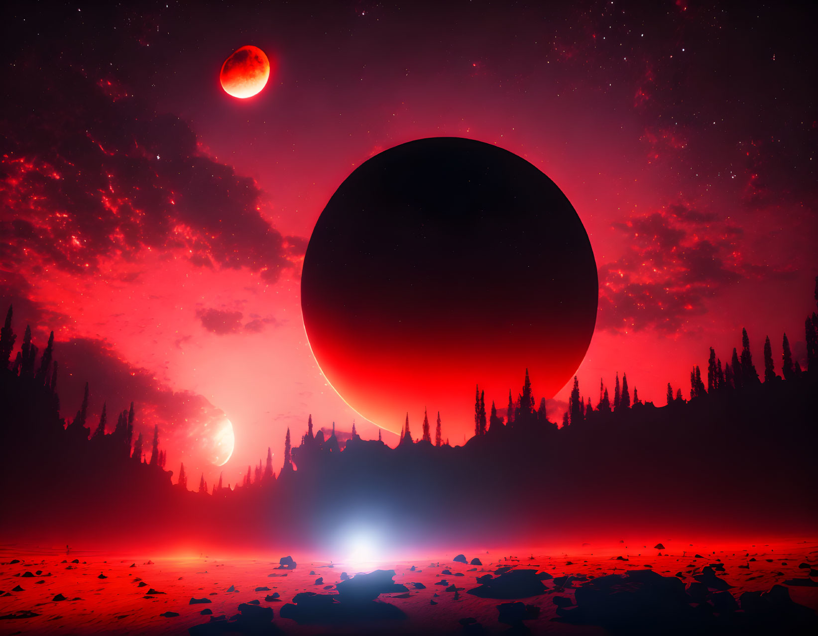 Sci-fi landscape with red eclipse, celestial bodies, and silhouetted trees