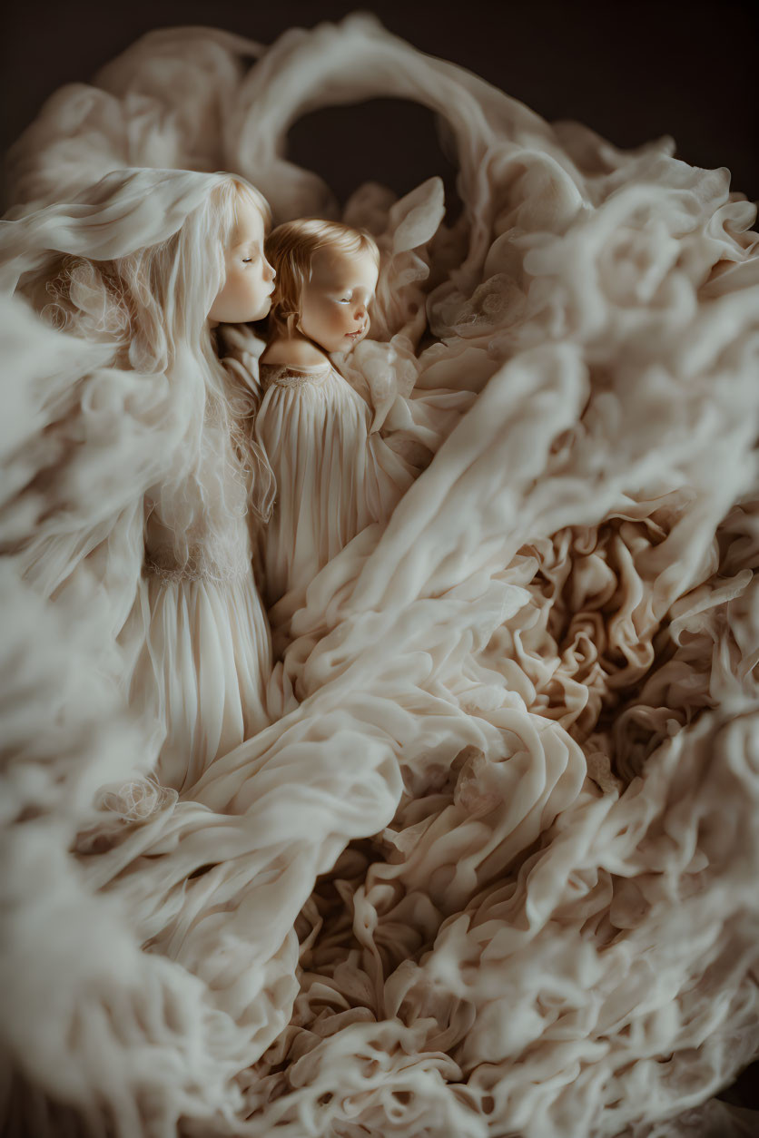 Ethereal girls in white gowns amid ruffled fabric swirls