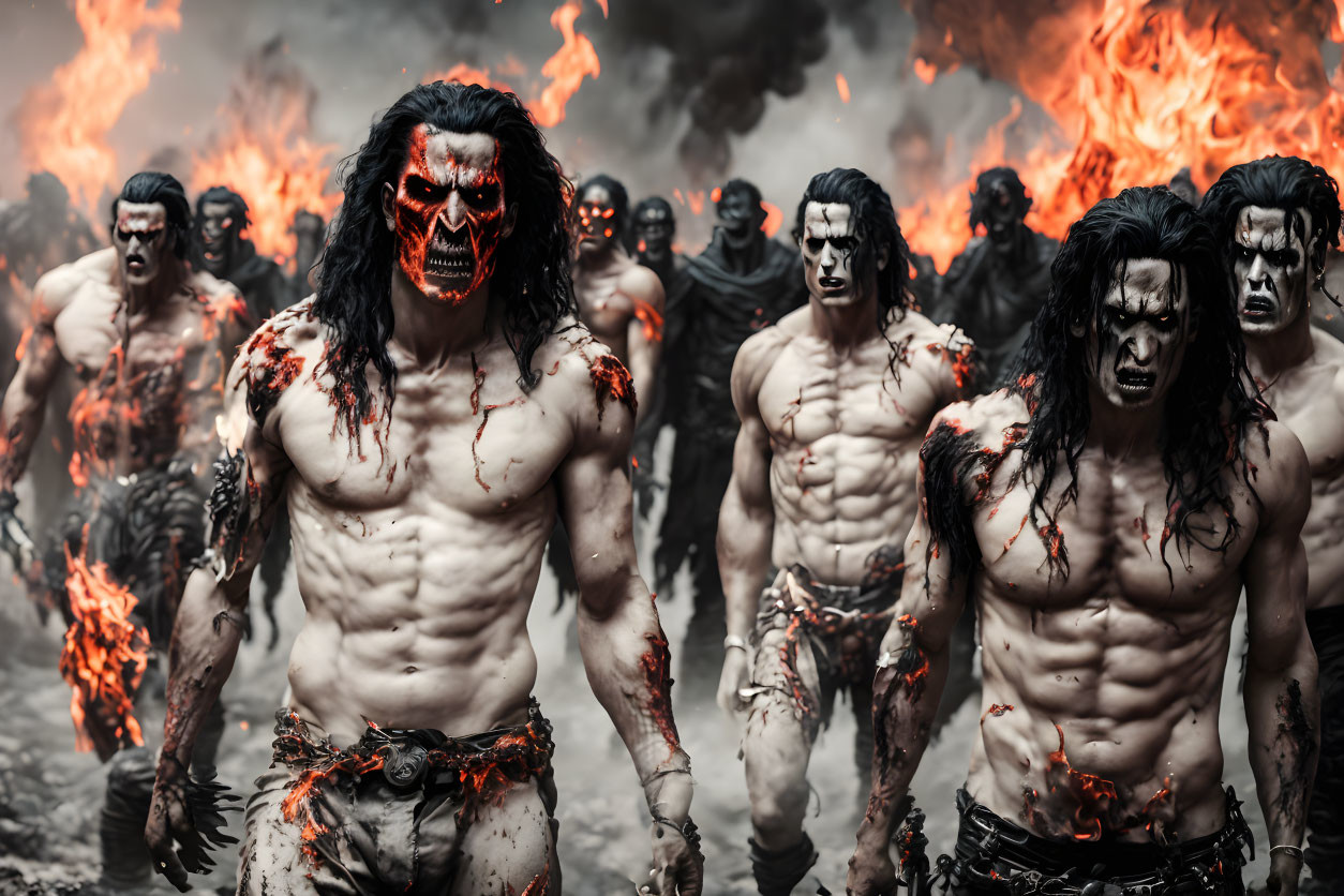 Menacing, muscular figures in fiery backdrop with blood markings