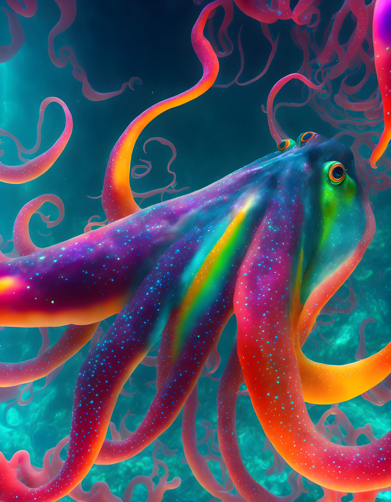 Colorful Galaxy Texture Octopus Swimming Among Underwater Tendrils