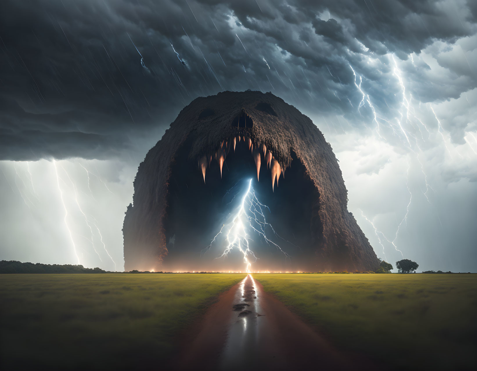 Stormy sky over mountain shaped like beast's mouth with lightning strikes