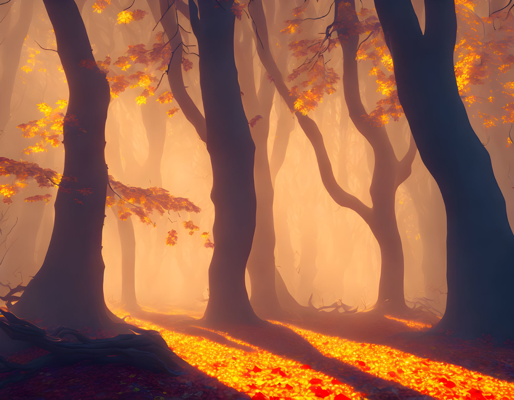 Golden-orange autumn forest with sunbeams and fallen leaves.