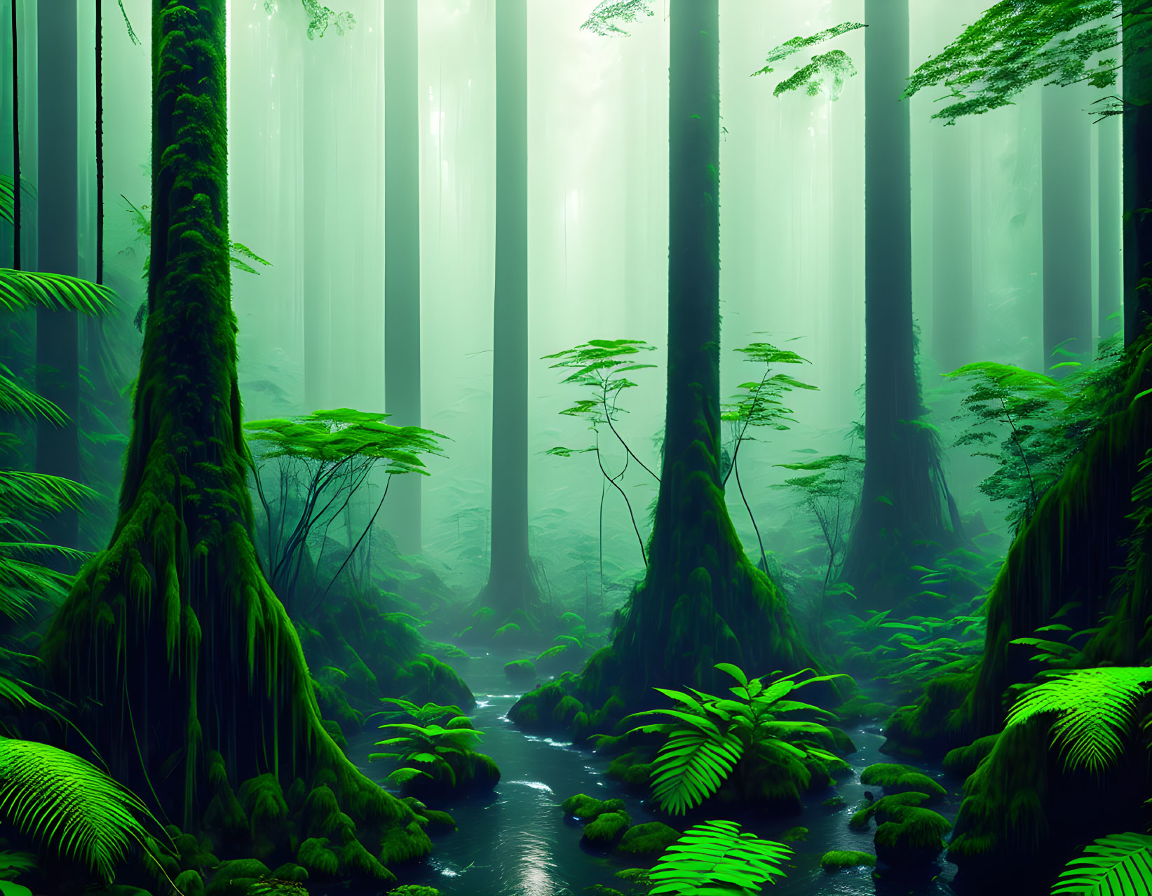 Lush green forest with tall trees and winding stream