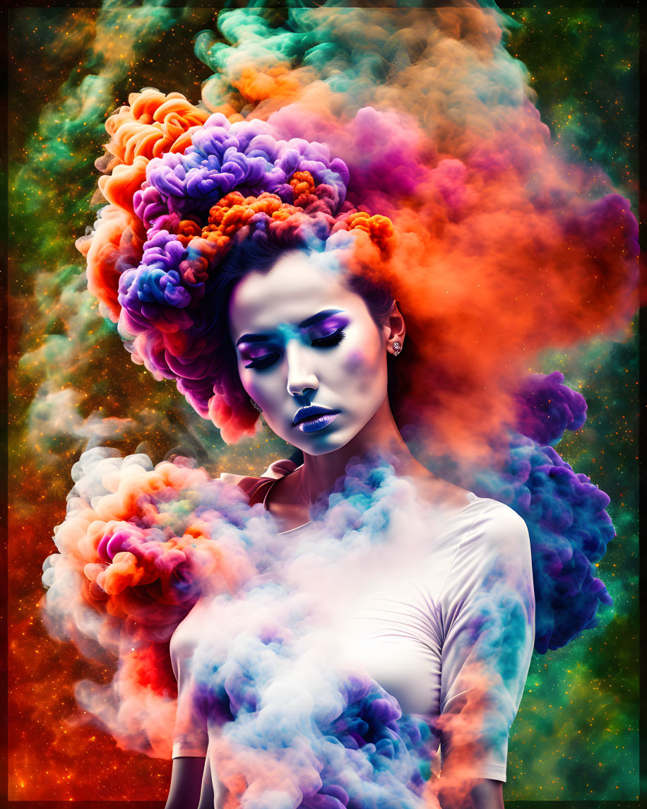 Vibrant digital artwork: Woman with colorful cloud hair on cosmic backdrop