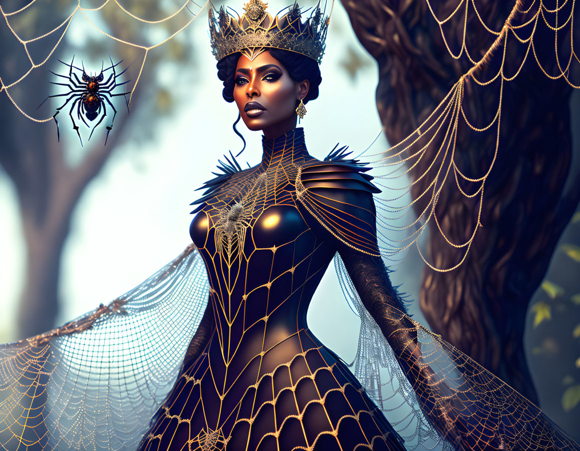 Regal figure with spider-themed crown in Gothic fantasy setting