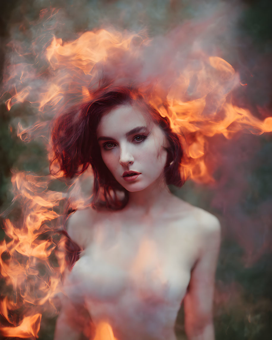 Fiery effect surrounding woman creates dramatic atmosphere