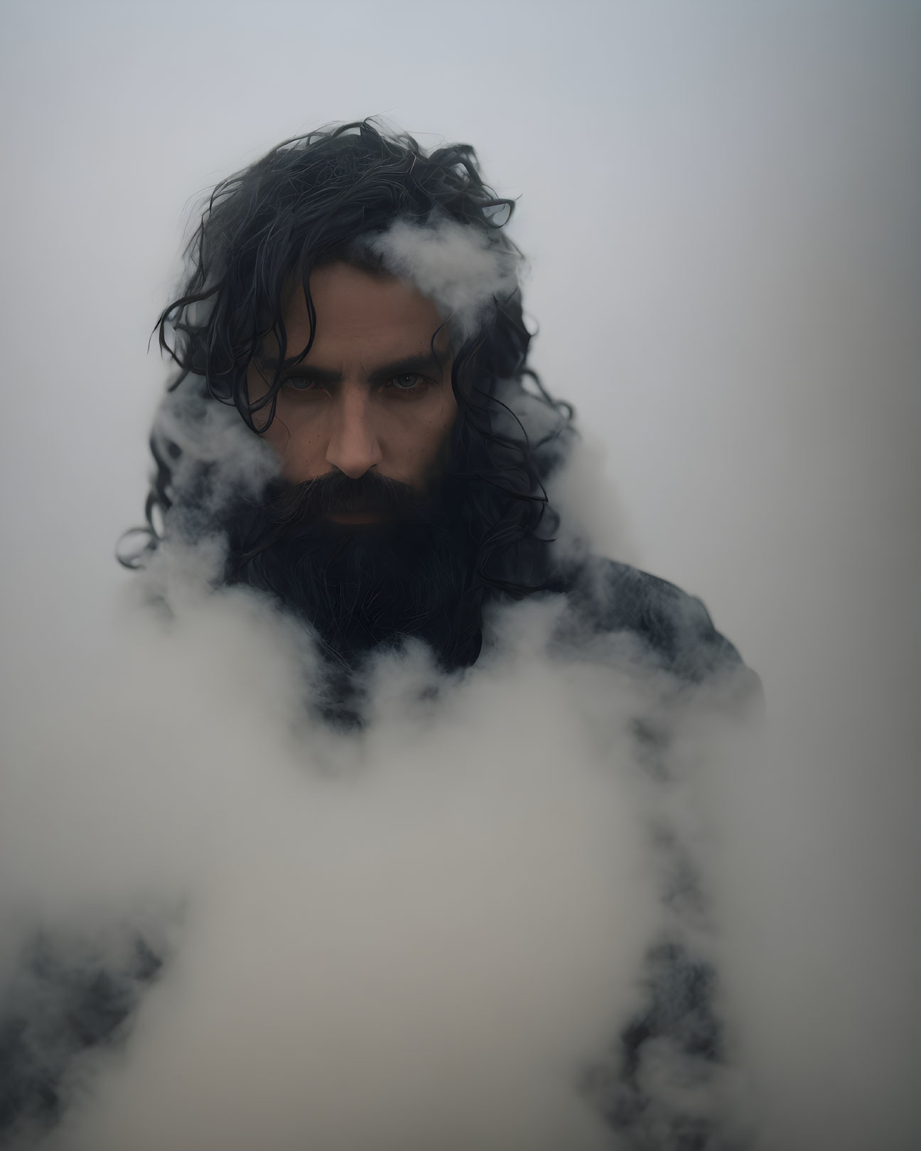 Man with Long Curly Hair and Thick Beard in Haunting Portrait