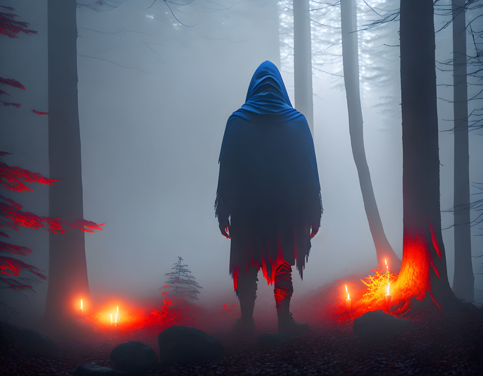 Misty forest scene with cloaked figure and glowing red flora