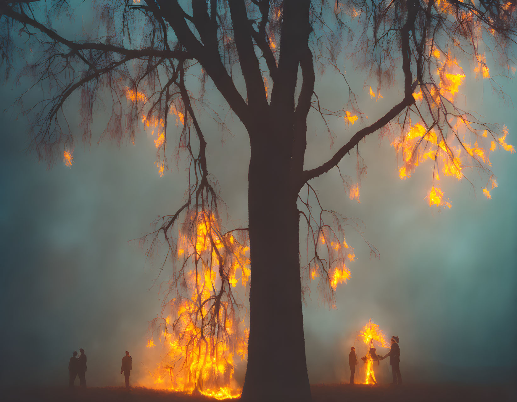 Mystical scene: large tree with glowing orange lights in foggy setting