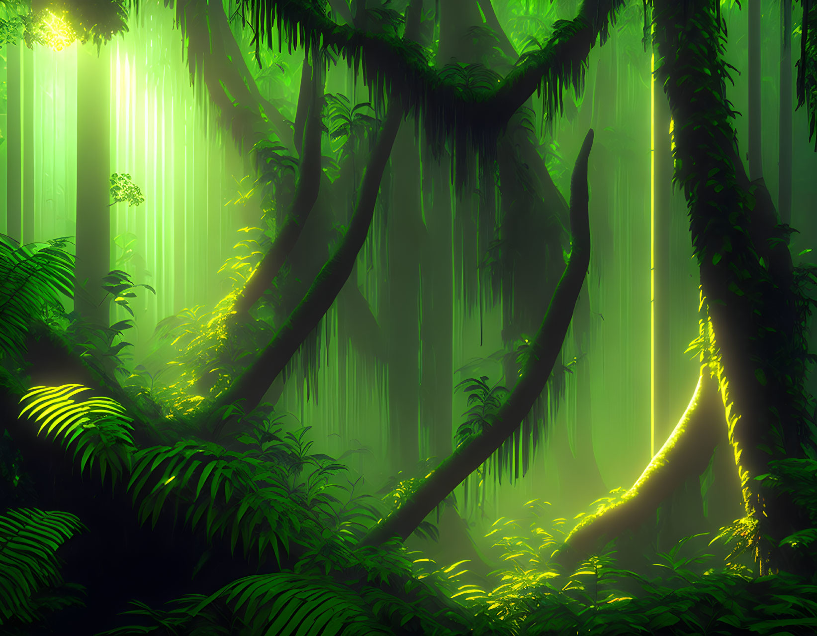 Mystical sunlight in lush green forest