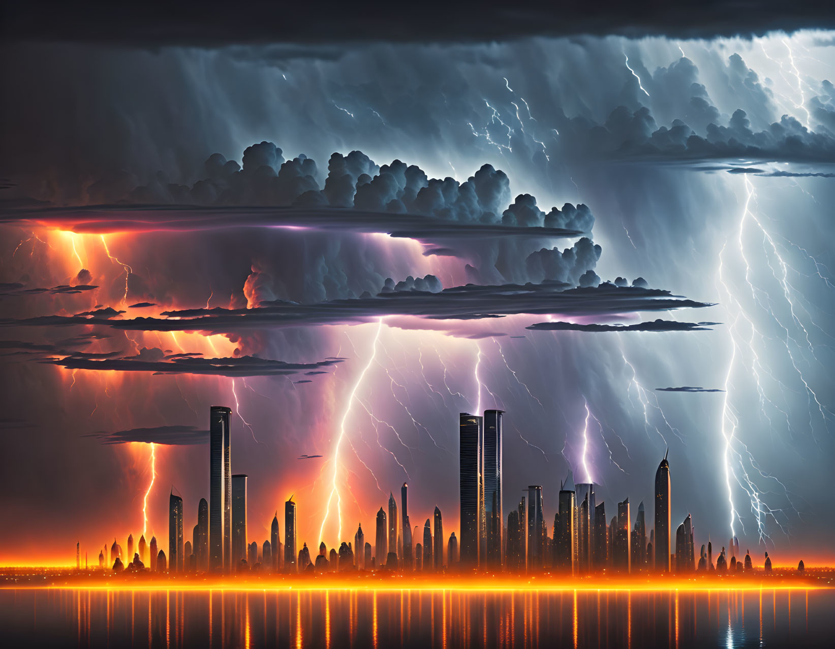 Stormy Cityscape with Intense Lightning and Fiery Sky