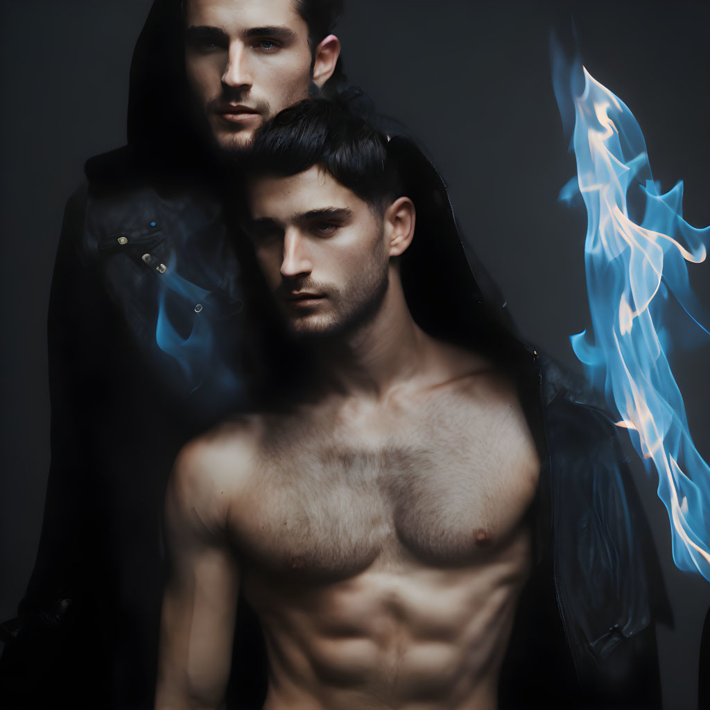 Two men in dark setting: one shirtless, one in a hoodie, with blue flame.