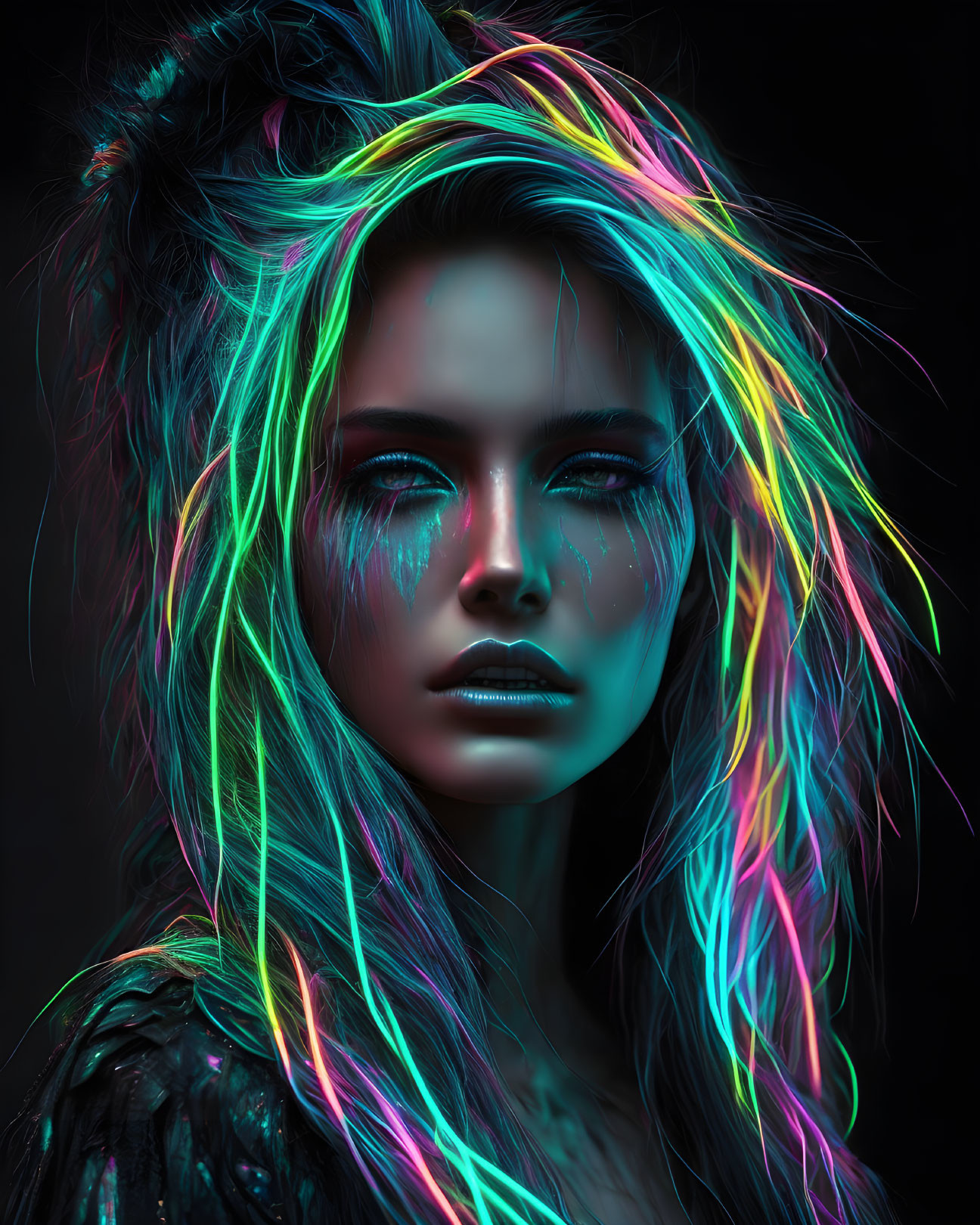 Colorful Neon Hair and Bold Makeup in Dark Ambiance