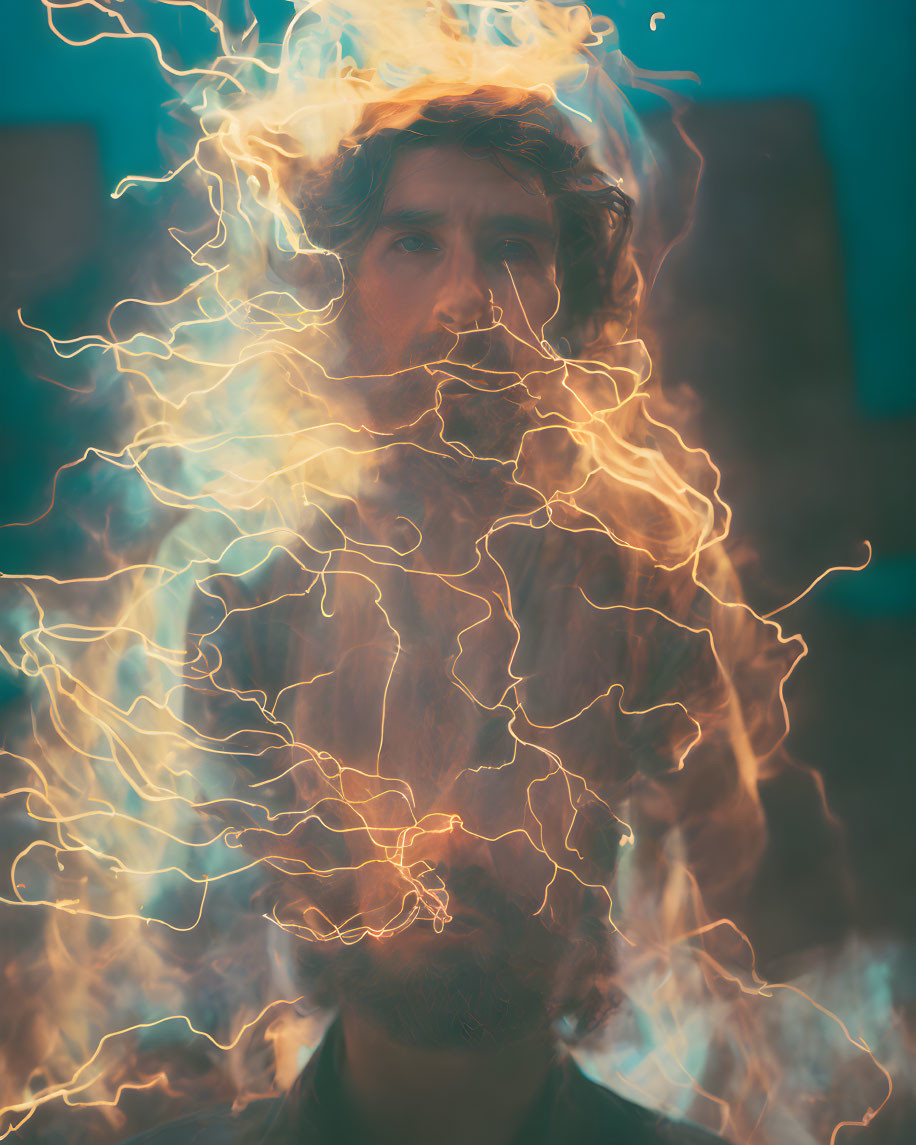 Portrait of a man obscured by swirling light patterns