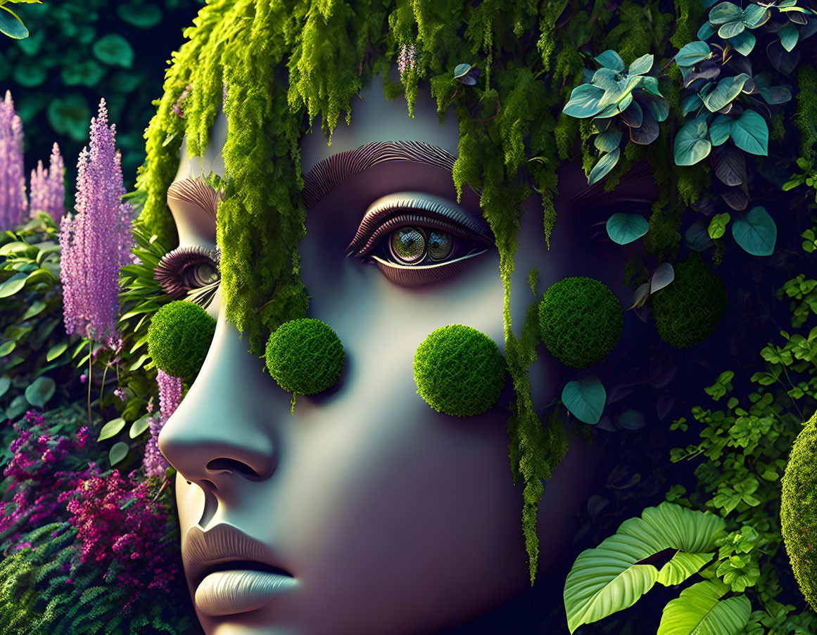 Woman's face partially covered in moss and vibrant plant life