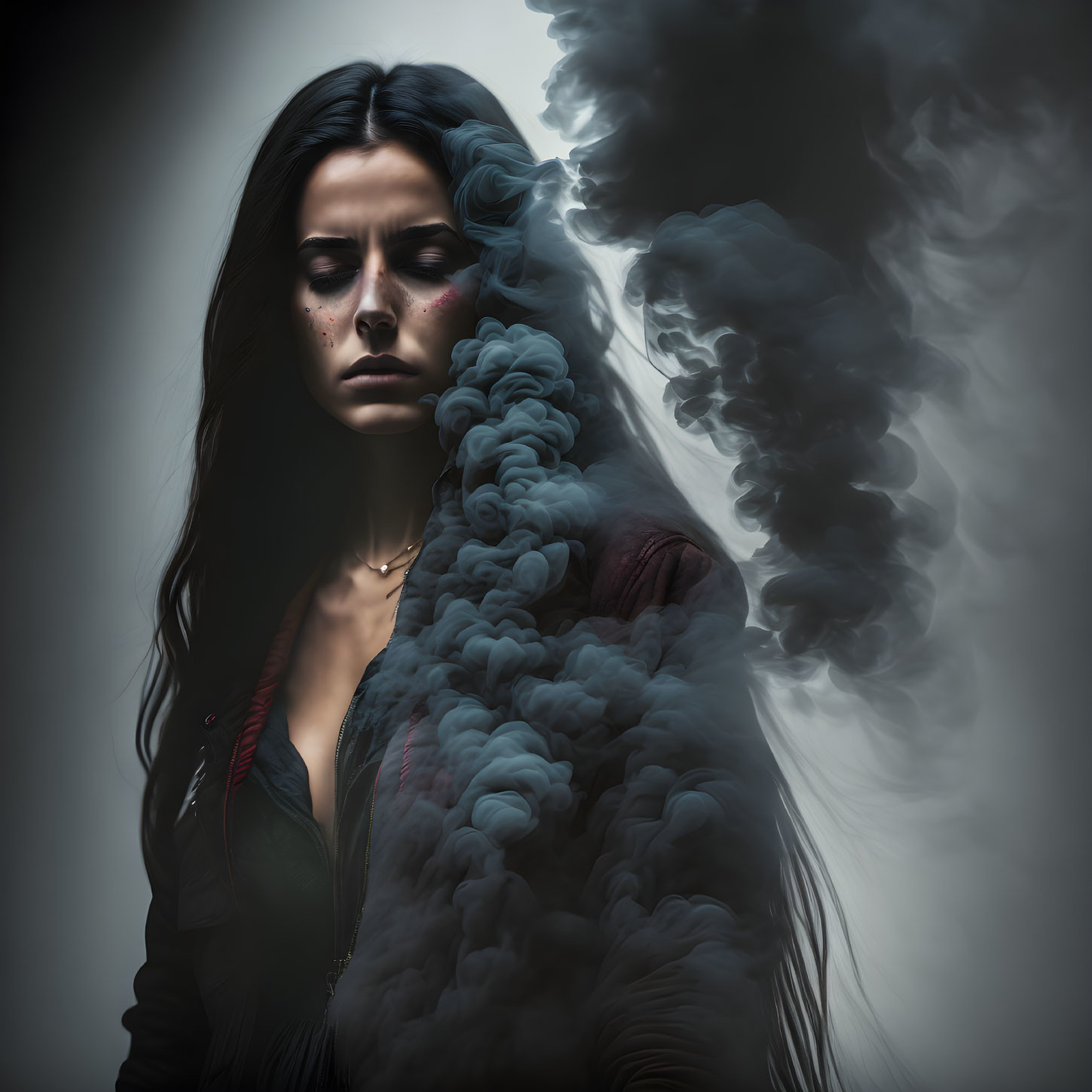 Dark-haired woman with closed eyes and freckles enveloped in swirling smoke in a moody setting