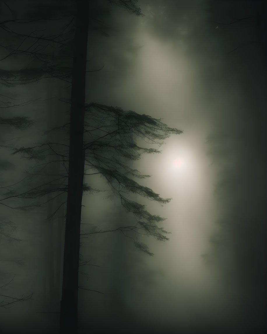 Foggy forest scene with silhouetted trees and faint sunlight