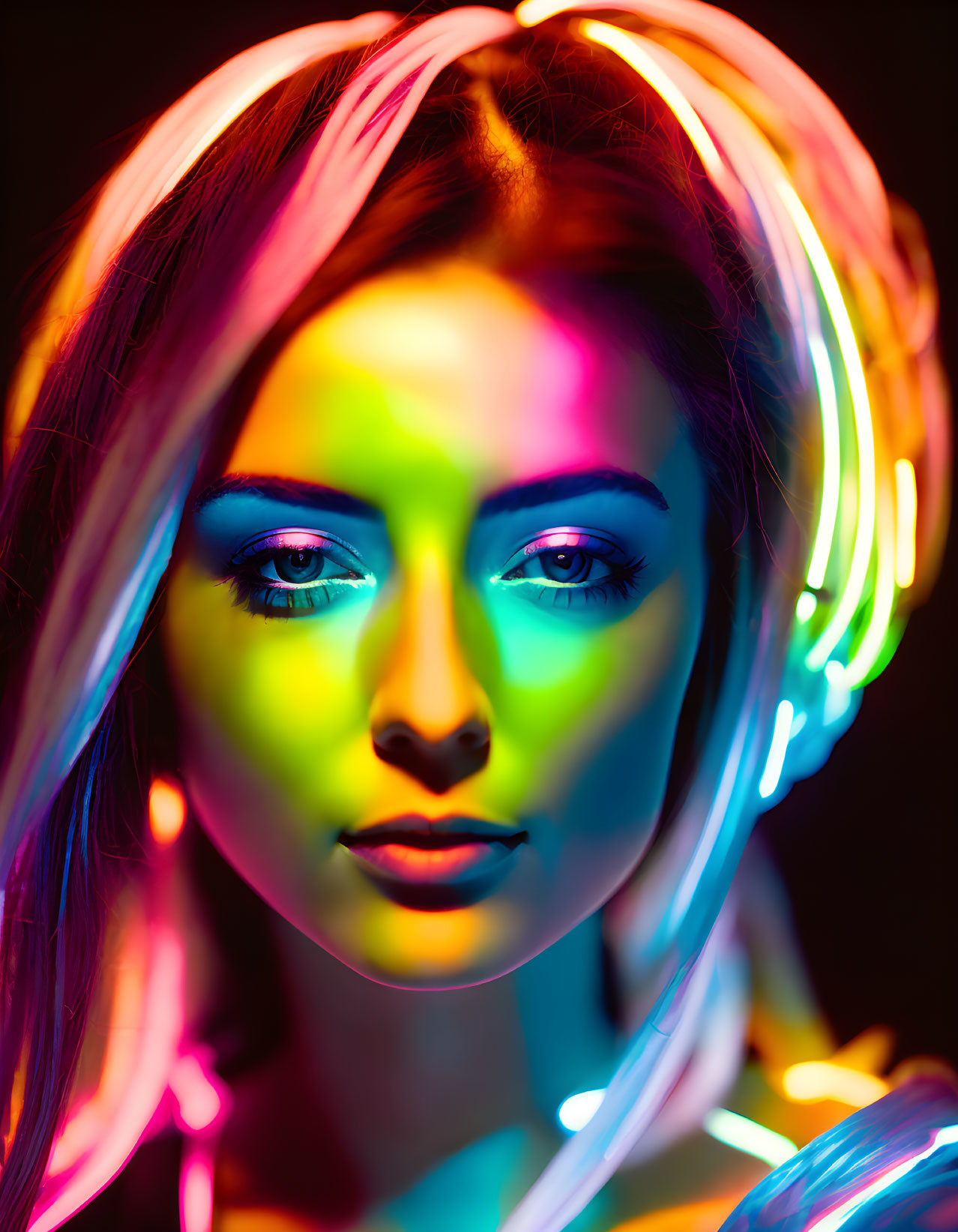 Vibrant neon-lit portrait of a woman with pink, green, and yellow hues on a